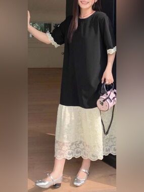 SHEIN Black Dress with Cream Lace Hem